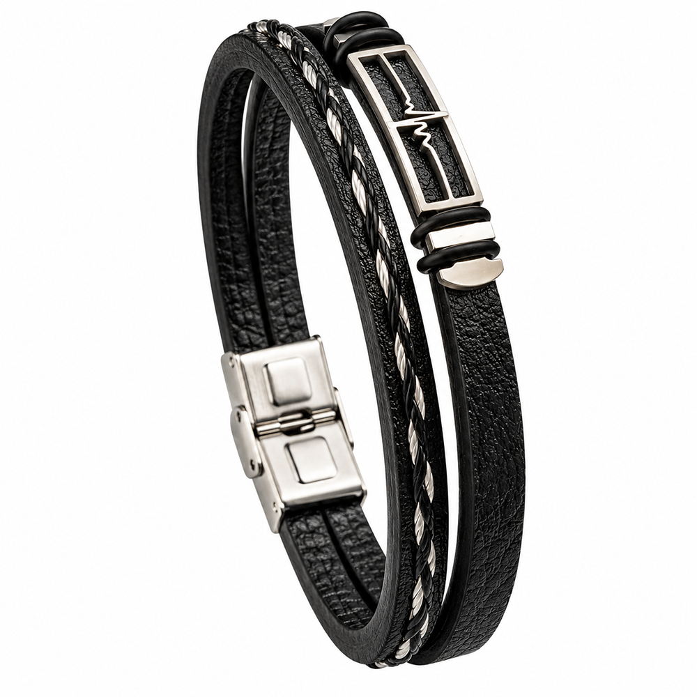 The99Jewel Men's Trendy Wraparound Bracelet with Steel Detailing and Heart Beat Symbol| Stylish Wristwear for Every Occasion