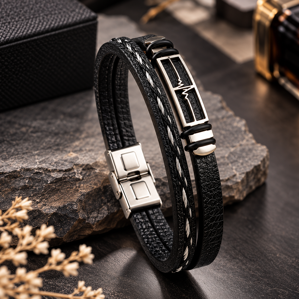 The99Jewel Men's Trendy Wraparound Bracelet with Steel Detailing and Heart Beat Symbol| Stylish Wristwear for Every Occasion