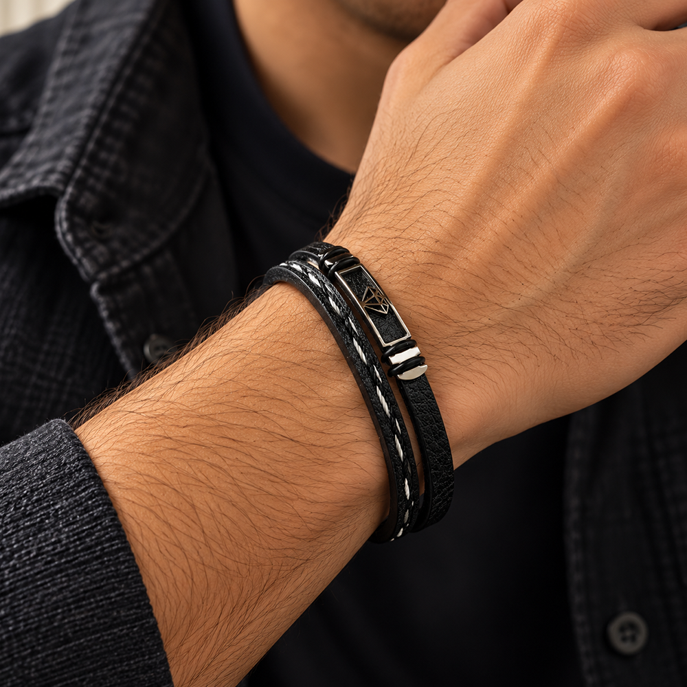 The99Jewel Men's Trendy Wraparound Bracelet with Steel Detailing and Diamond Symbol| Stylish Wristwear for Every Occasion