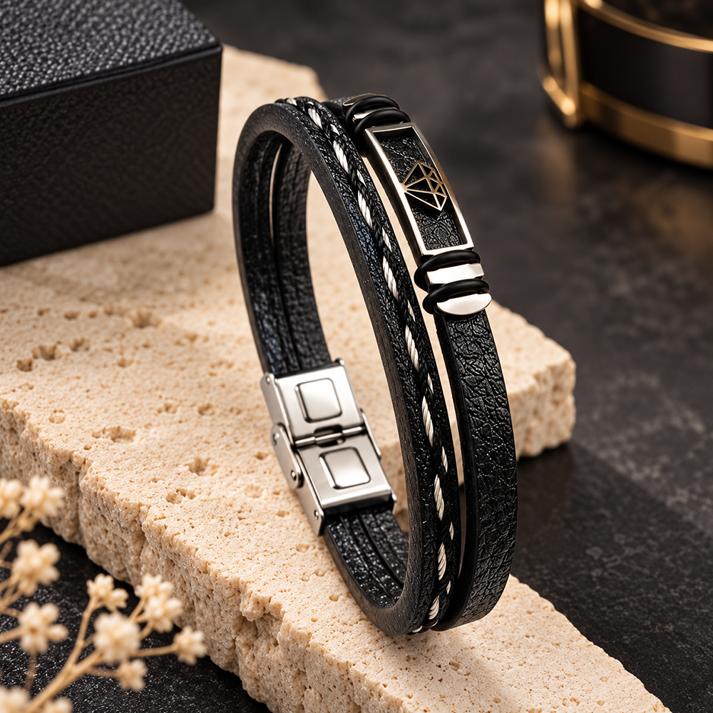 The99Jewel Men's Trendy Wraparound Bracelet with Steel Detailing and Diamond Symbol| Stylish Wristwear for Every Occasion
