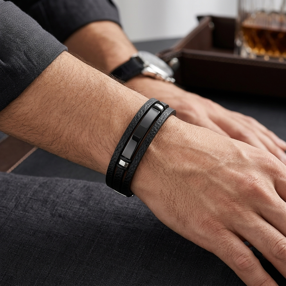 The99Jewel Multi-Layer Black Leather Bracelet with Black Accent Bar Bracelet For Men