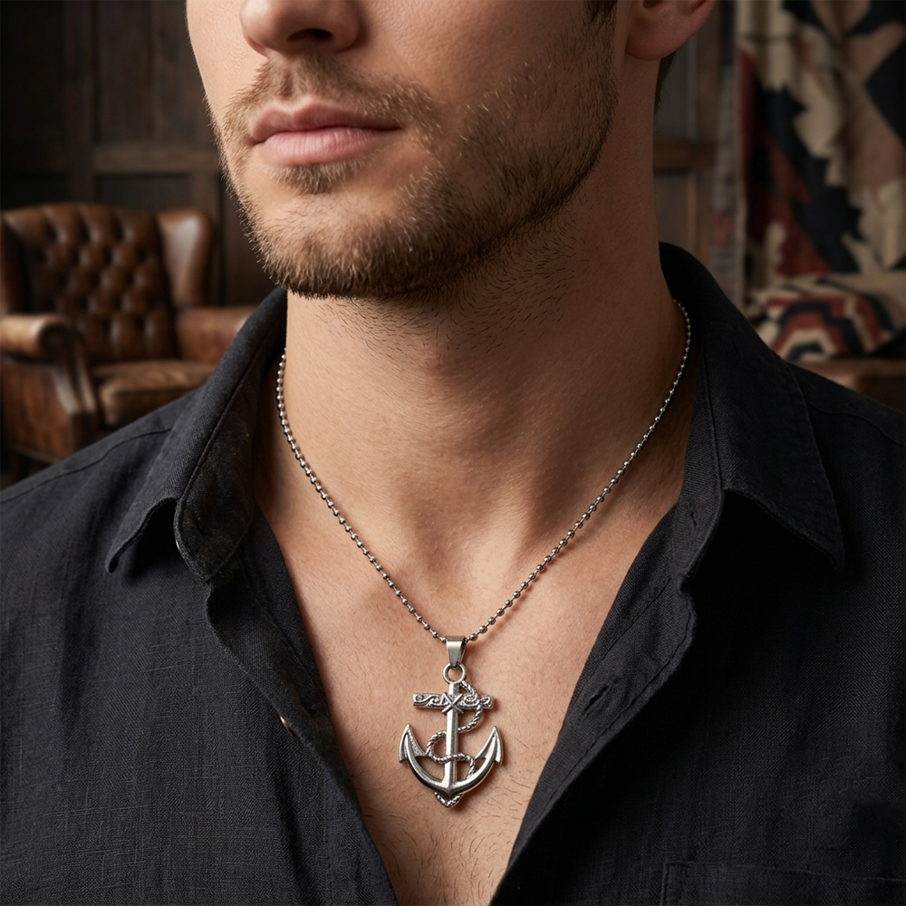 The99Jewel Silver Plated Ship AnchorPendant Necklace For Men