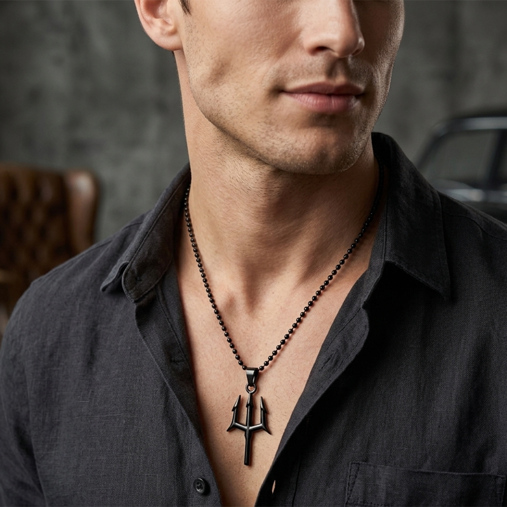The99Jewel Black PlatedTrishul  Pendant Necklace For Men