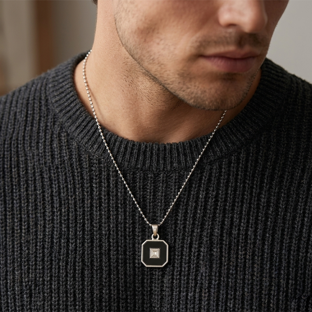 The99Jewel Silver Plated Black SquarePendant Necklace For Men