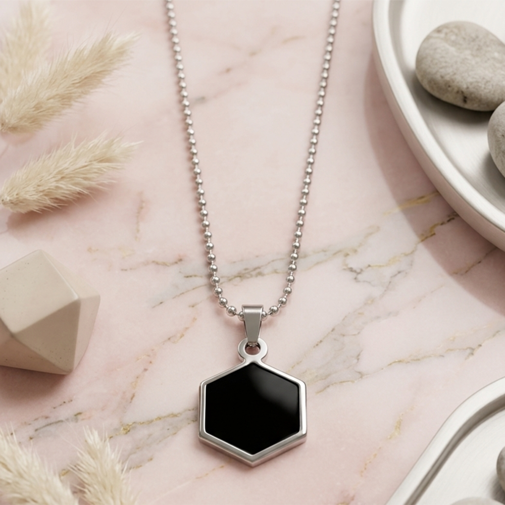 The99Jewel Silver Plated Black Onyx Hexagon Pendant Necklace For Men