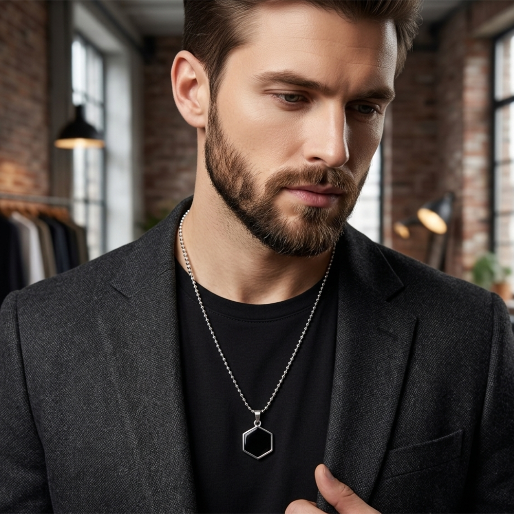 The99Jewel Silver Plated Black Onyx Hexagon Pendant Necklace For Men
