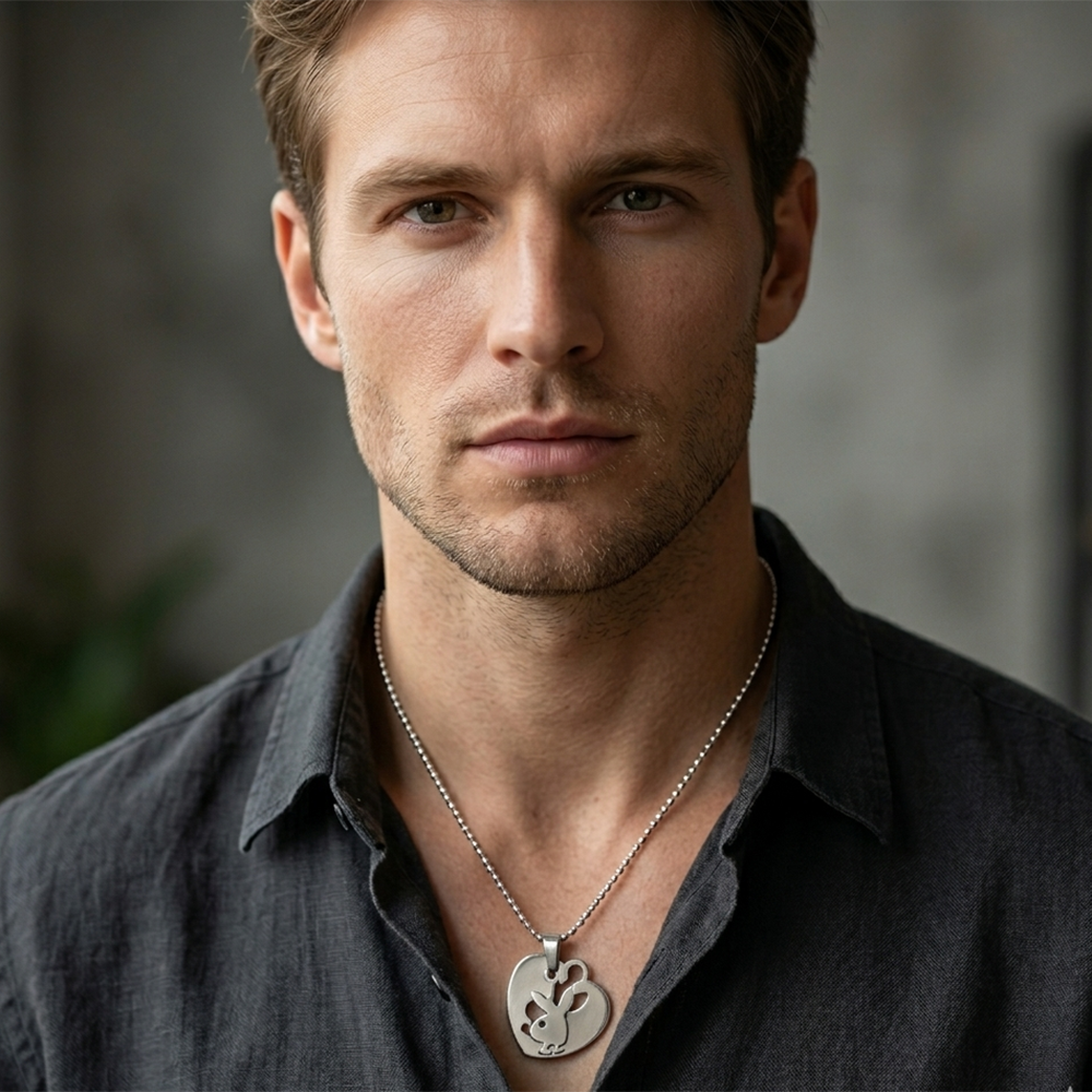 The99Jewel Silver Plated Heart With Rabbit Cutout Pendant Necklace For Men
