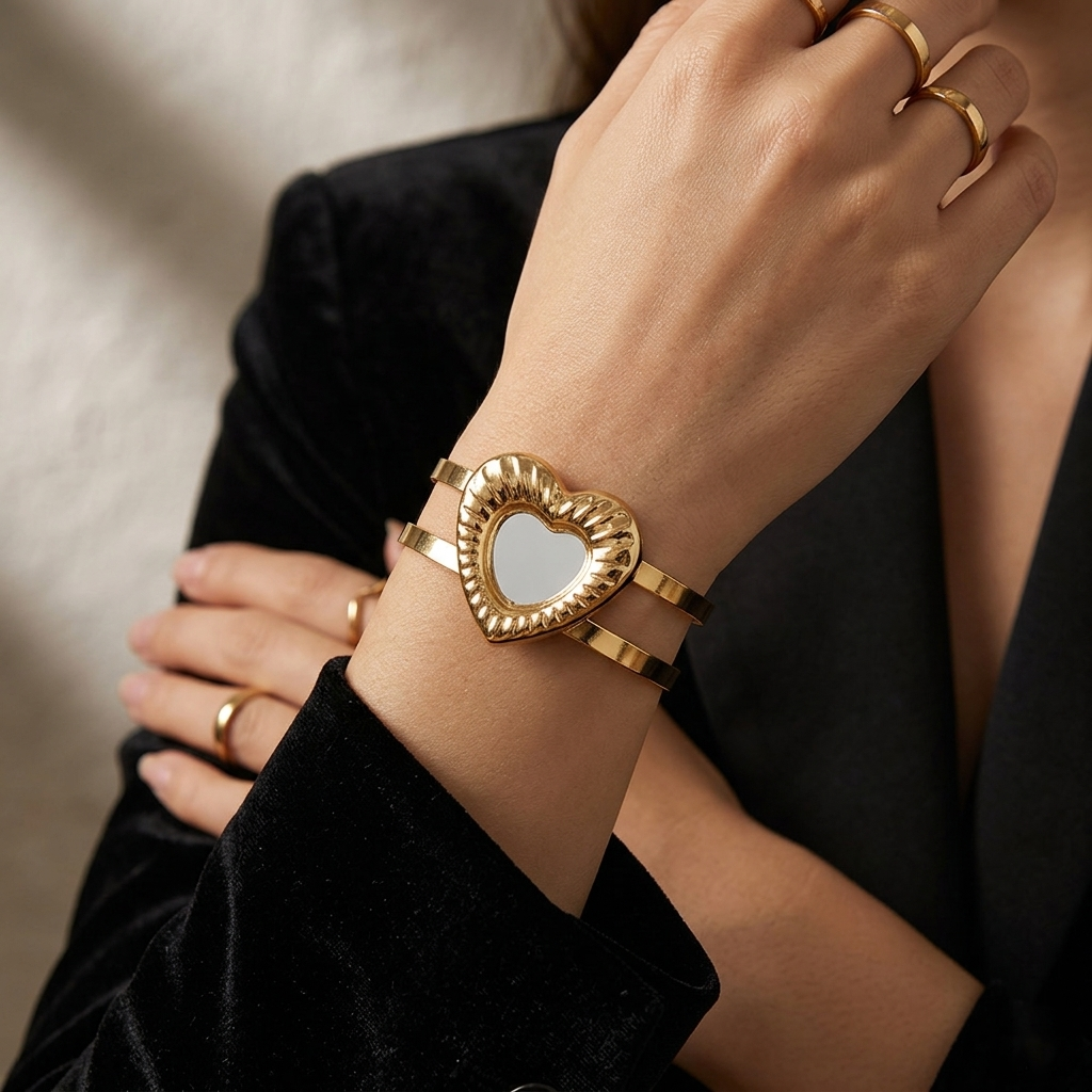 The99Jewel Gold Plated Modern Heart Shape Cuff Kada