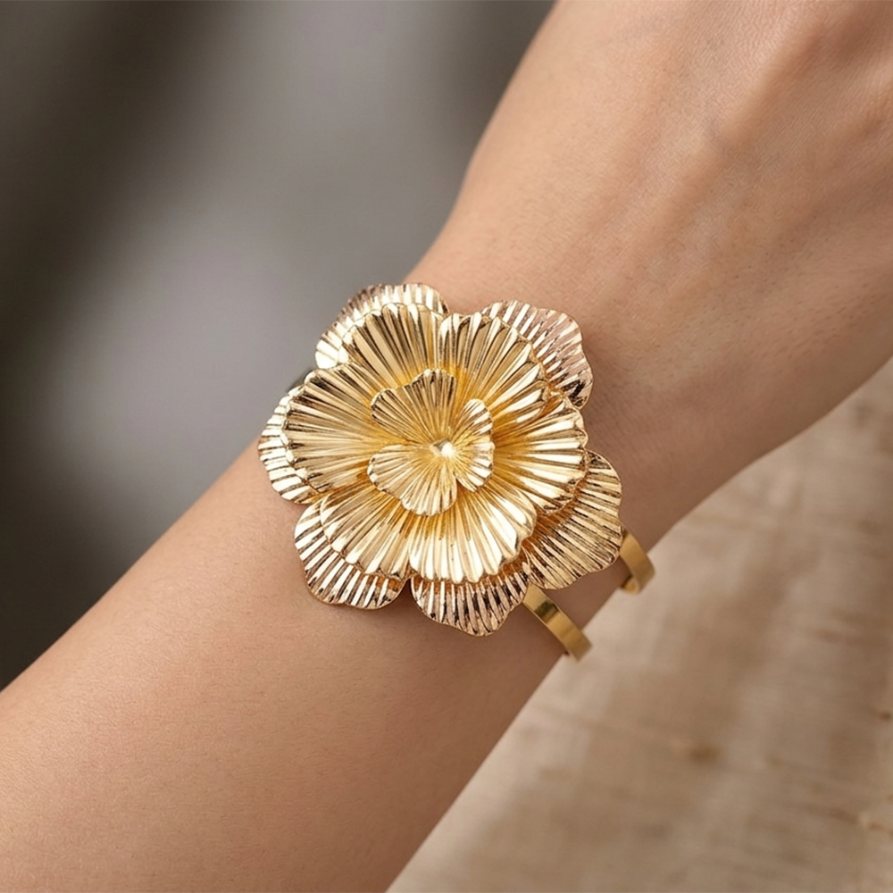 The99Jewel Gold Plated Designer Blooming Flower Cuff Kada