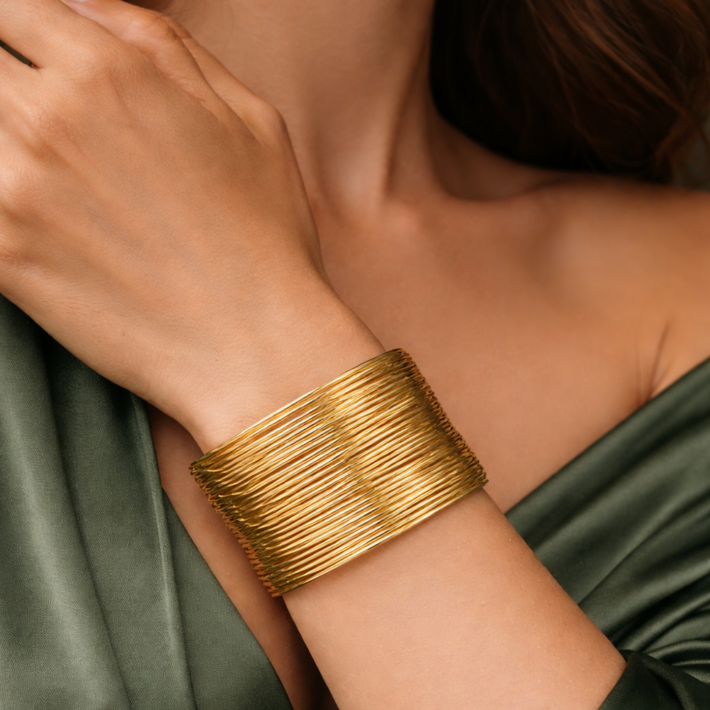 The99Jewel Gold Plated Trendy Multilayer Wire Open Cuff Kada