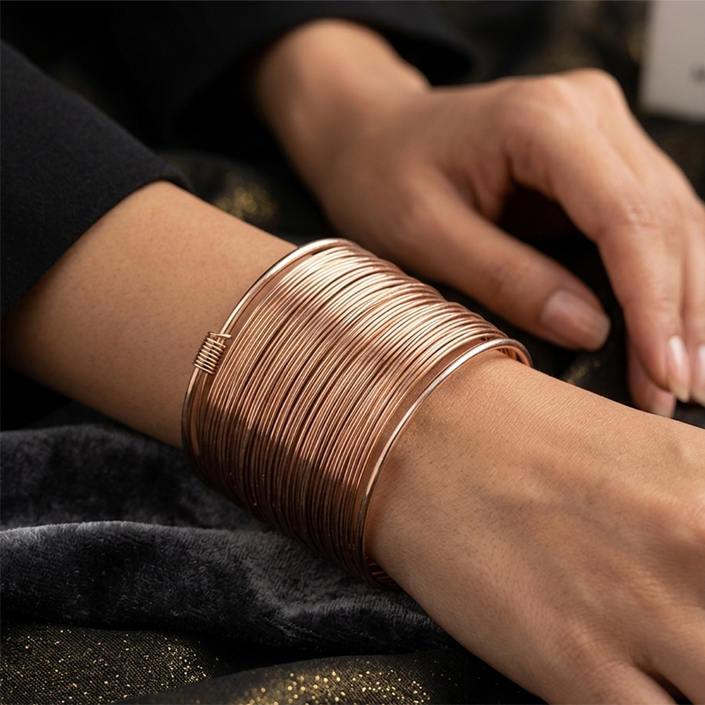 The99Jewel Rose Gold Plated Stylish Multilayer Wire Open Cuff Kada