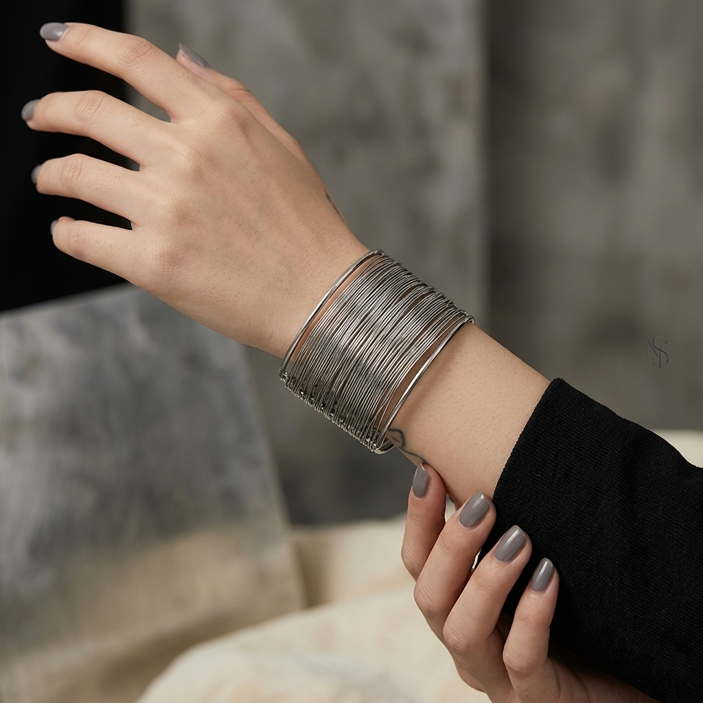 The99Jewel Black Plated Chic Multilayer Wire Open Cuff Kada
