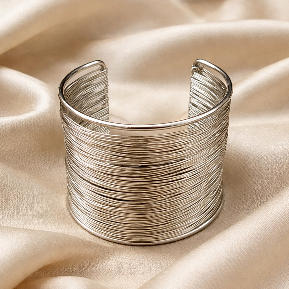 The99Jewel Silver Plated Luxury Multilayer Wire Open Cuff Kada