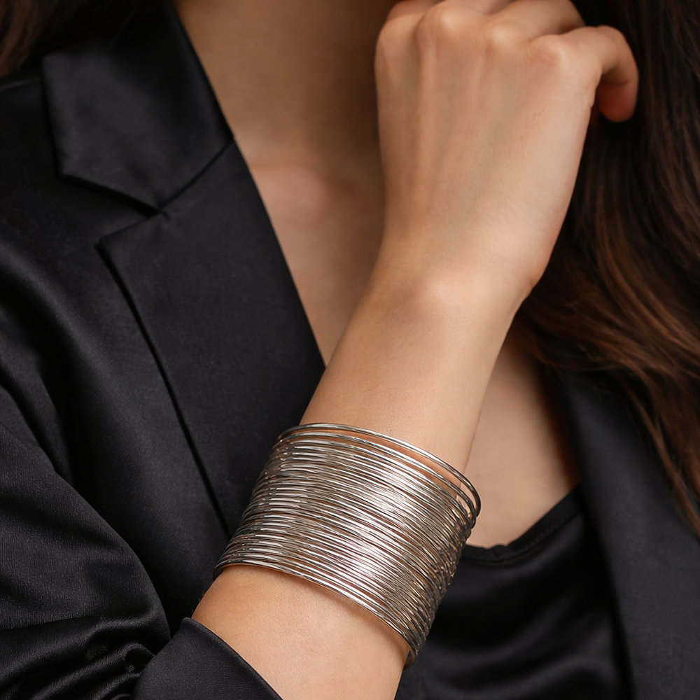 The99Jewel Silver Plated Luxury Multilayer Wire Open Cuff Kada