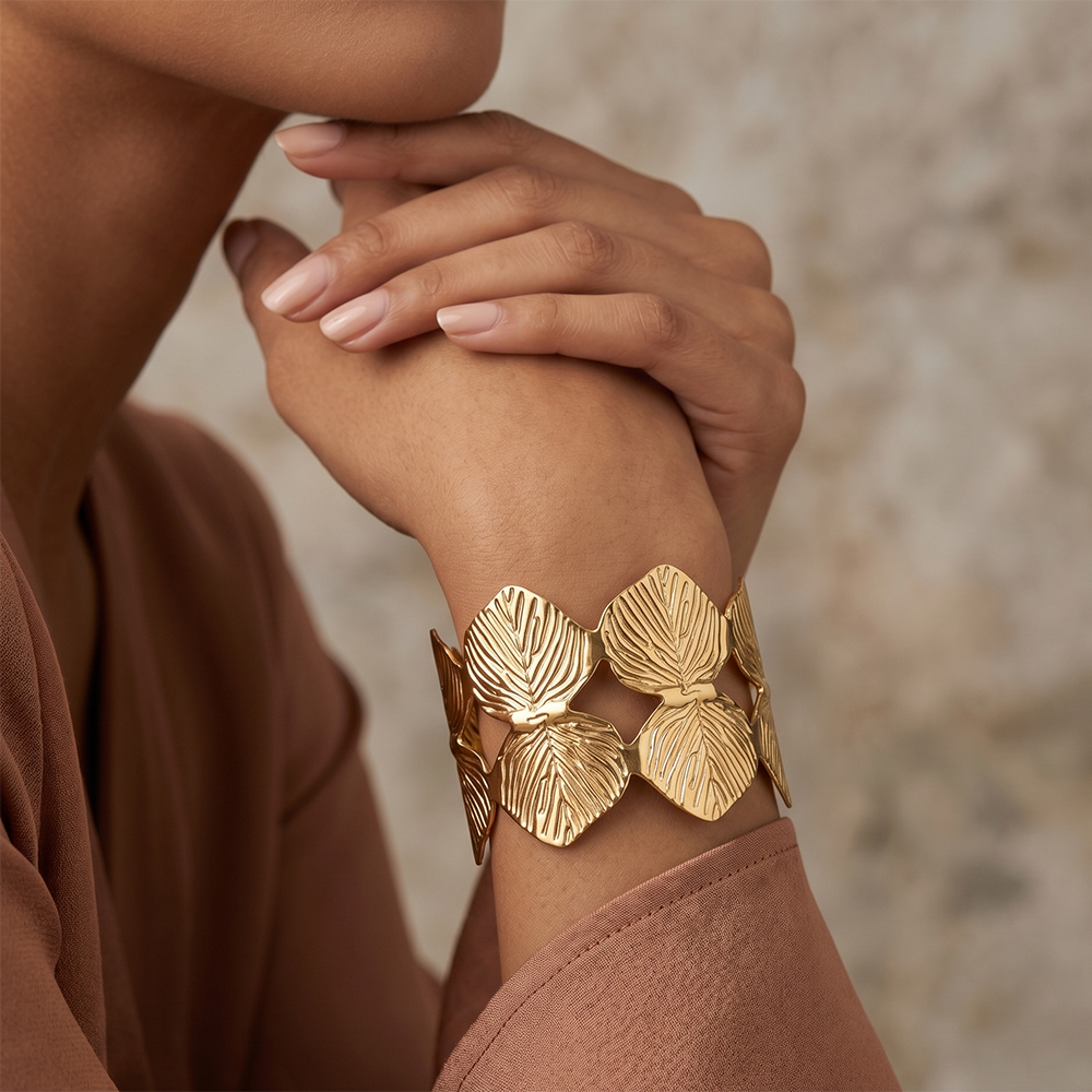 The99Jewel Elegant Gold Leaf Design Cuff Kada Bracelet for Women
