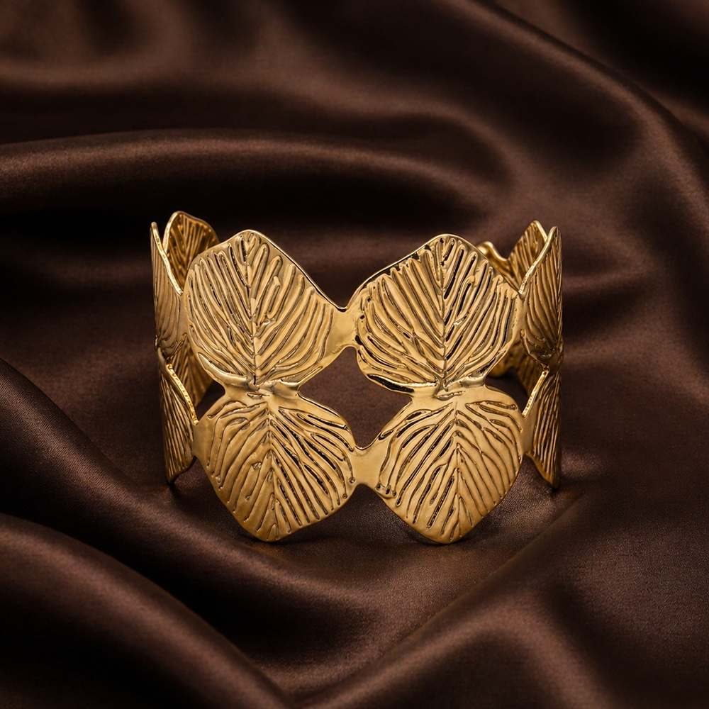 The99Jewel Elegant Gold Leaf Design Cuff Kada Bracelet for Women