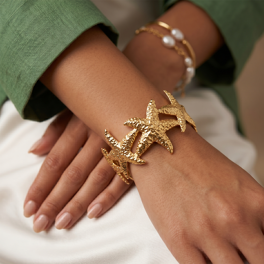 The99Jewel Gold Starfish Design Cuff Bracelet Ocean Inspired Statement Kada