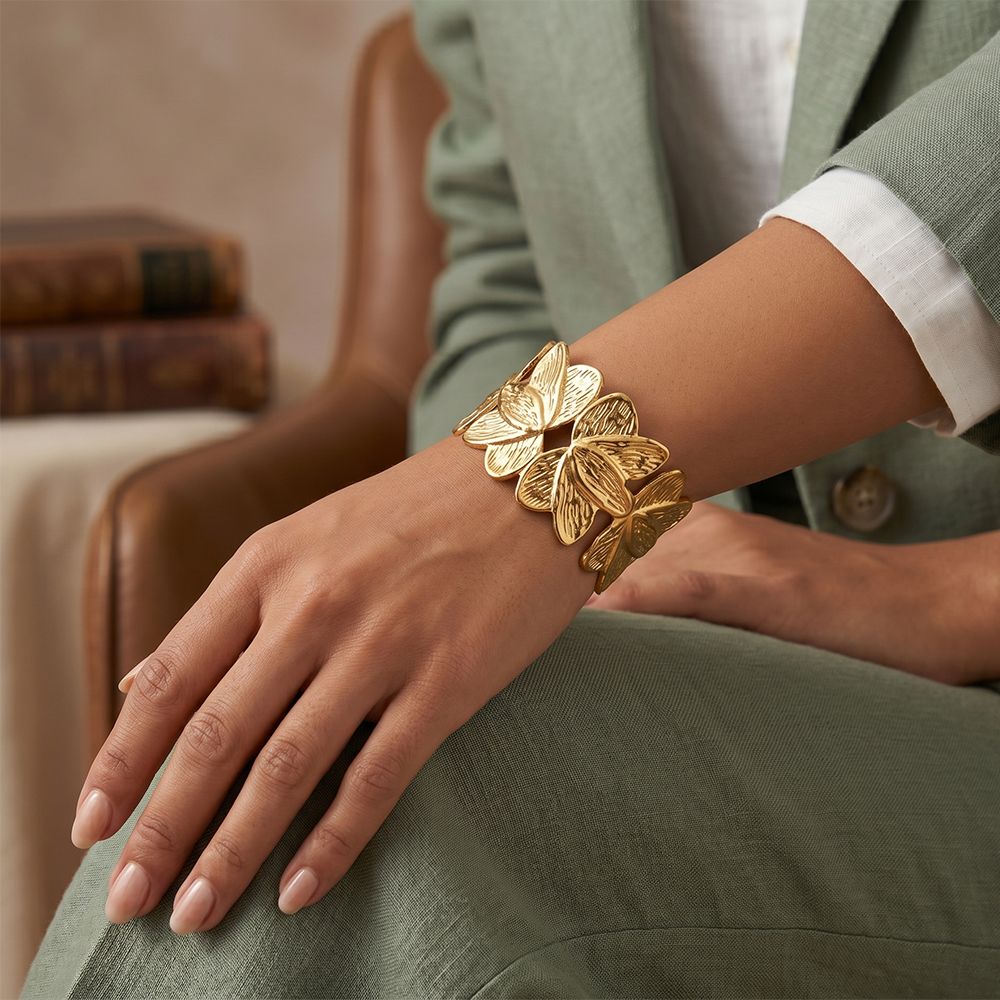 The99Jewel Premium Gold Finish Butterfly Pattern Open Cuff Kada