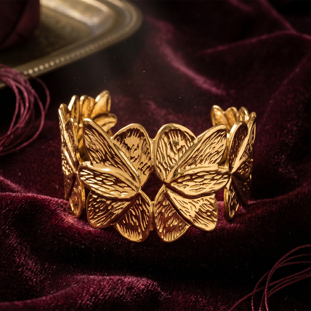 The99Jewel Premium Gold Finish Butterfly Pattern Open Cuff Kada