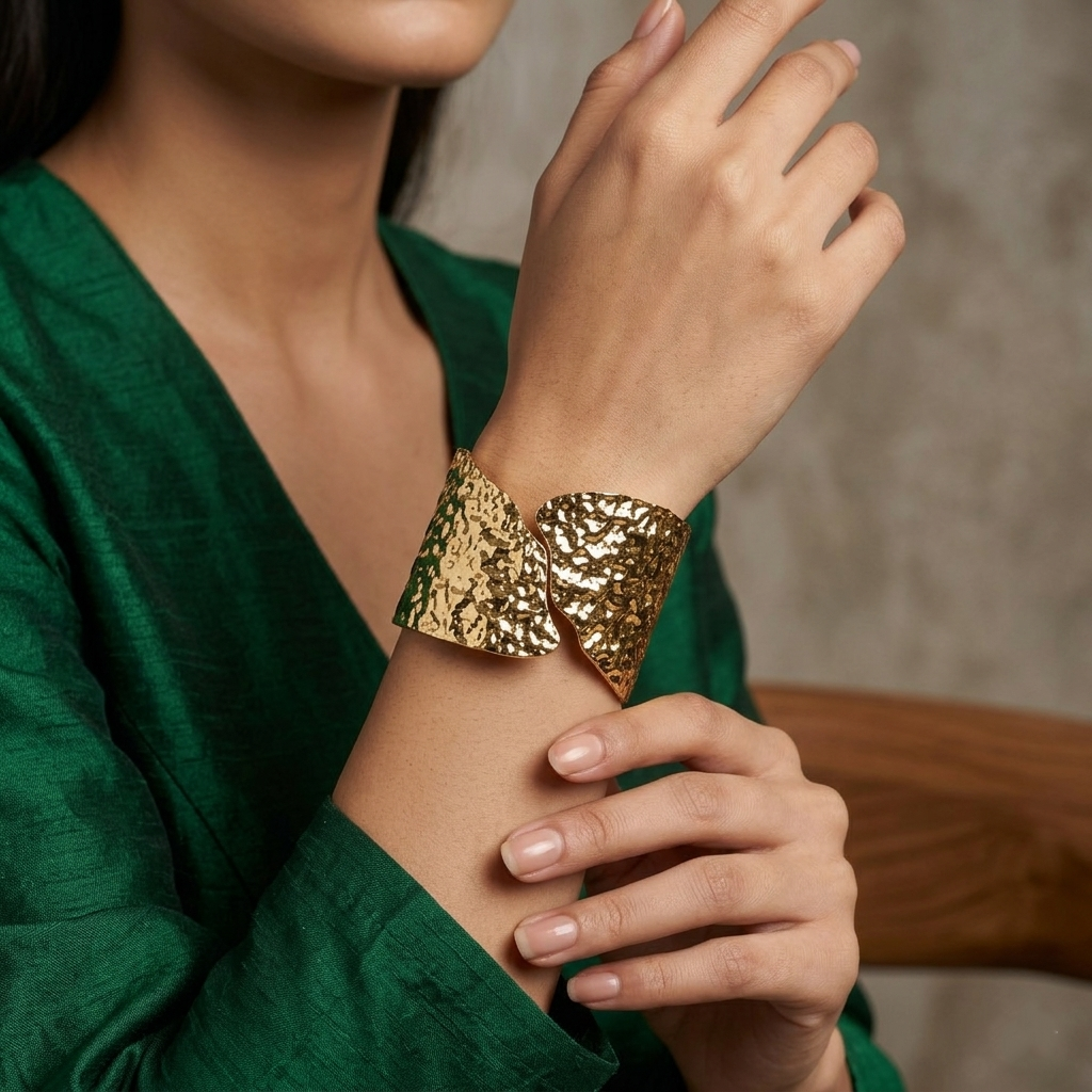 The99Jewel Hammered Texture Gold Plated Openable Cuff Kada