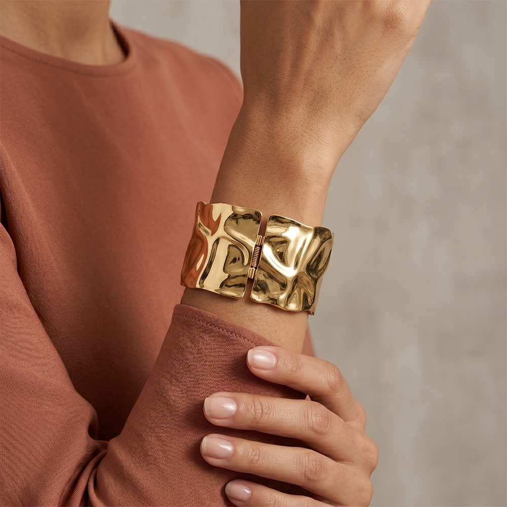 The99Jewel Gold Plated Bold Abstract Textured Wide Openable Kada for Women