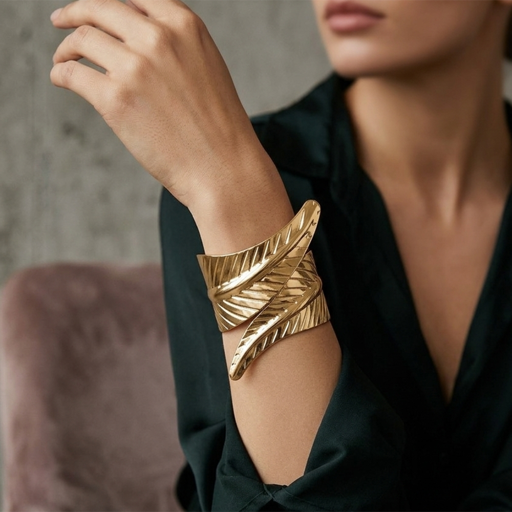 The99Jewel Gold Plated Bold Leaf Textured Design Wide Openable Kada for Women