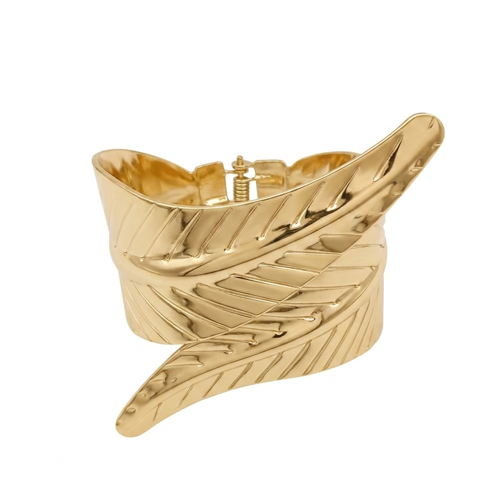 The99Jewel Gold Plated Bold Leaf Textured Design Wide Openable Kada for Women