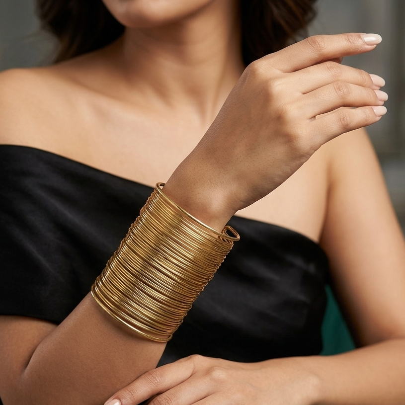 The99Jewel Gold Plated Trendy Multilayer Wire Open Big Size Cuff Kada