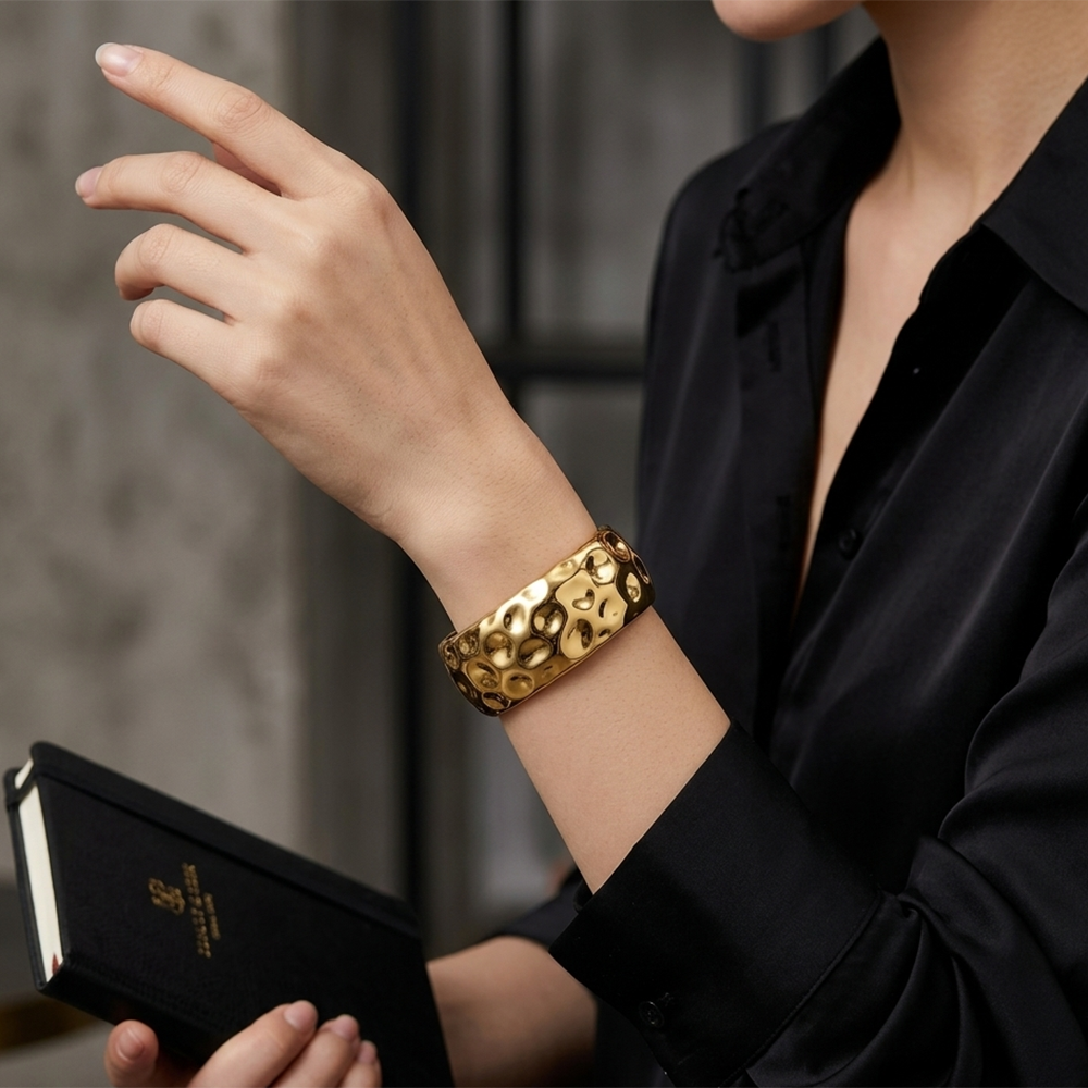 The99Jewel Modern Gold Finish Hammered Statement Kada Bracelet for women