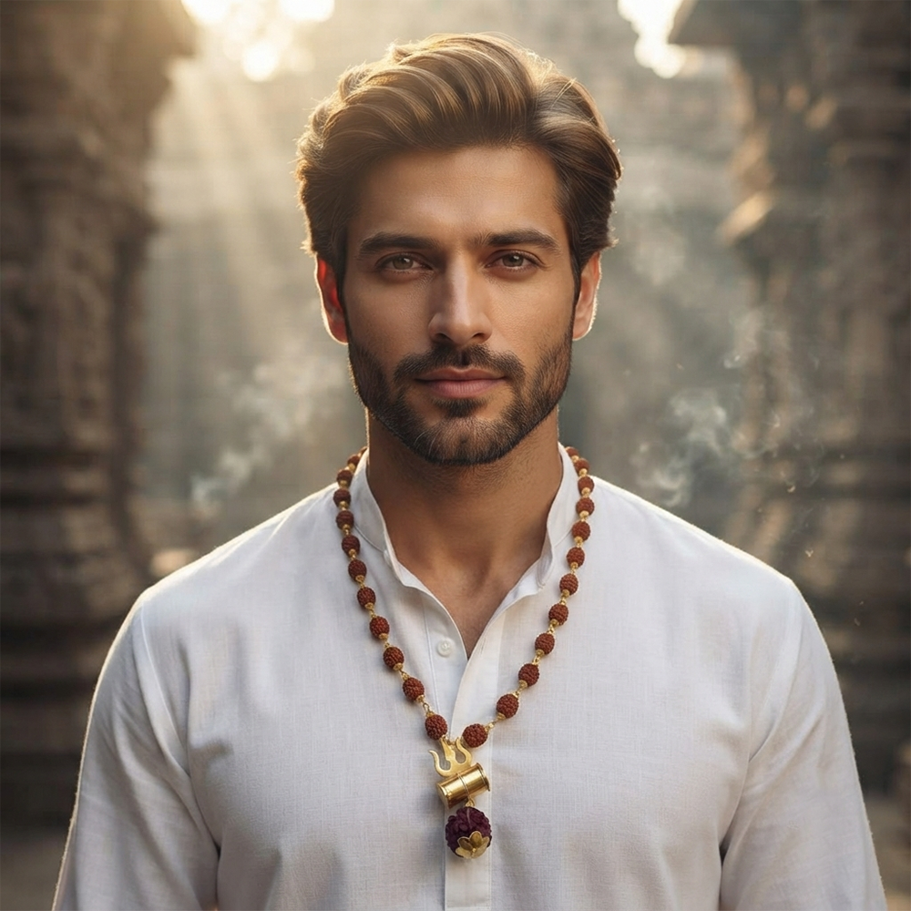 The99Jewel Rudraksha Beads with Trishul and Damru Pendant for Men