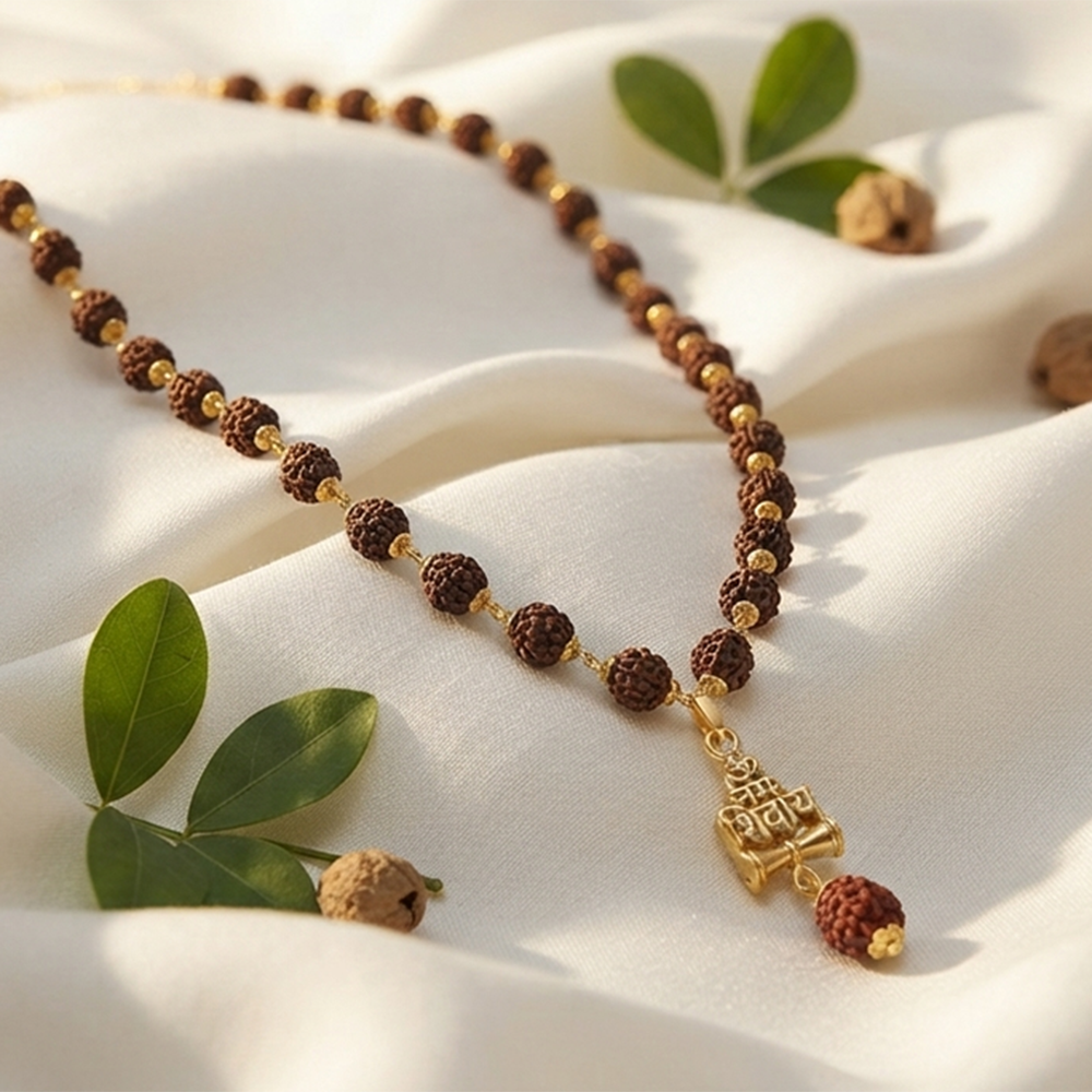 The99Jewel Rudraksha Beads with OM and Damru Pendant for Men