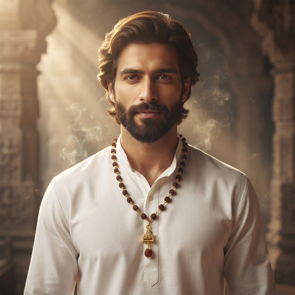 The99Jewel Rudraksha Beads with OM and Damru Pendant for Men