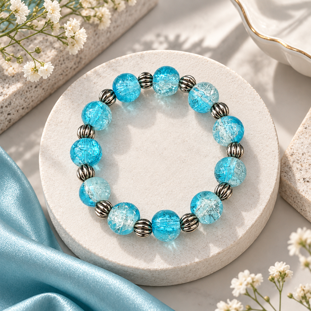 The99Jewel Glimmer Crackle Glass Beads Bracelet with Silver Spacer Beads for Women