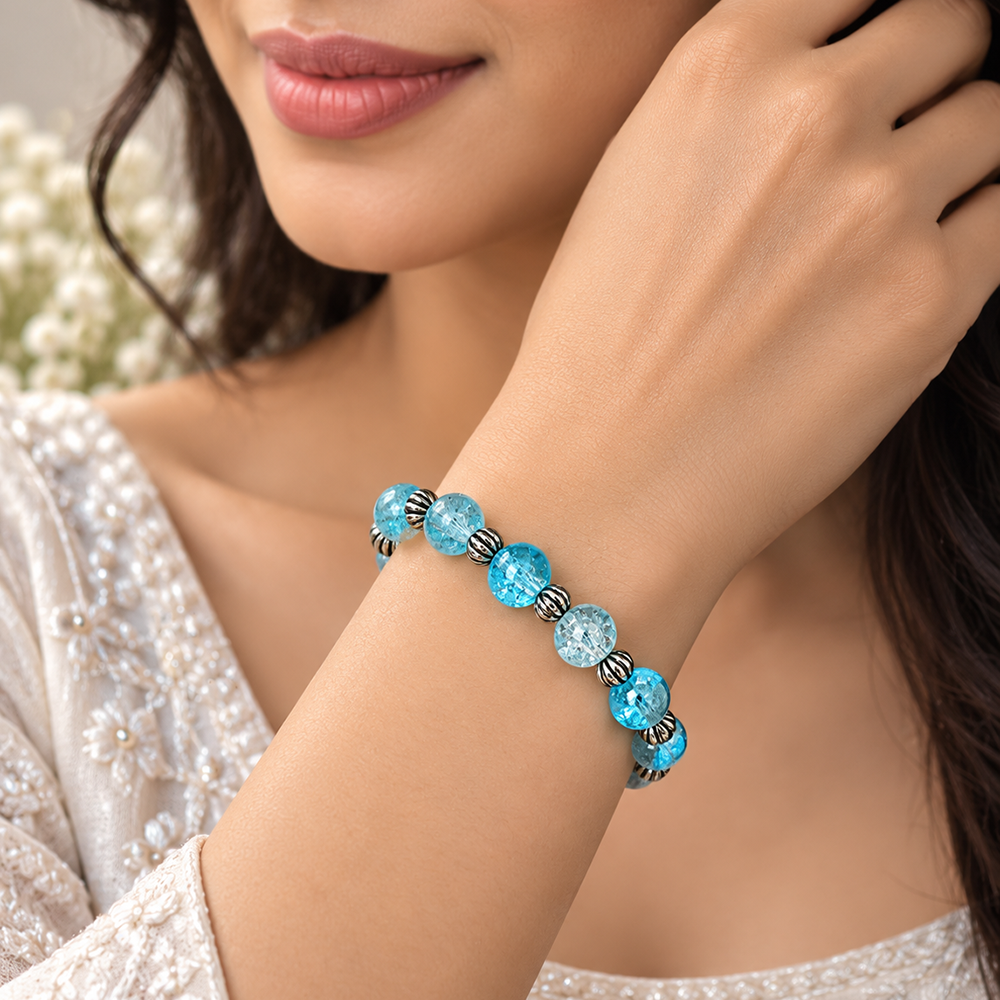 The99Jewel Glimmer Crackle Glass Beads Bracelet with Silver Spacer Beads for Women 