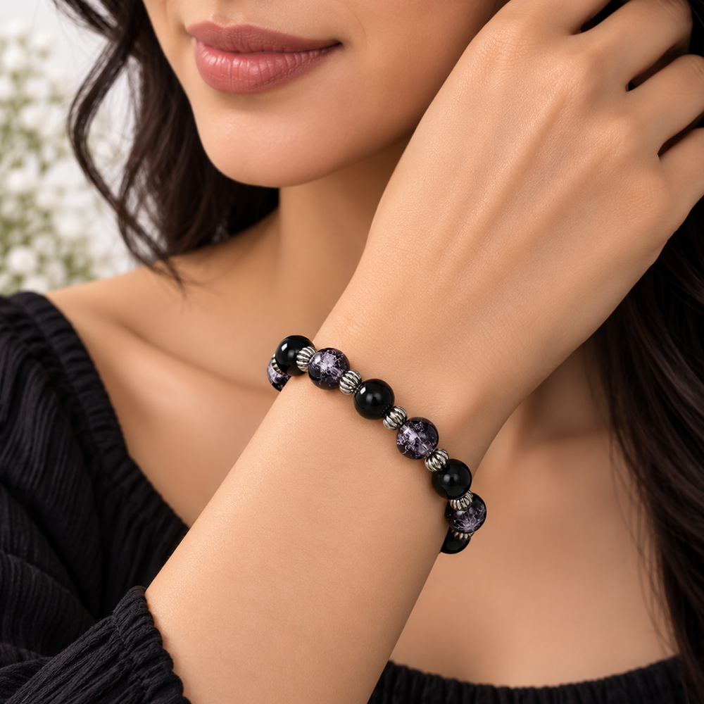 The99Jewel Glimmer Crackle Glass Beads Bracelet with Silver Spacer Beads for Women 