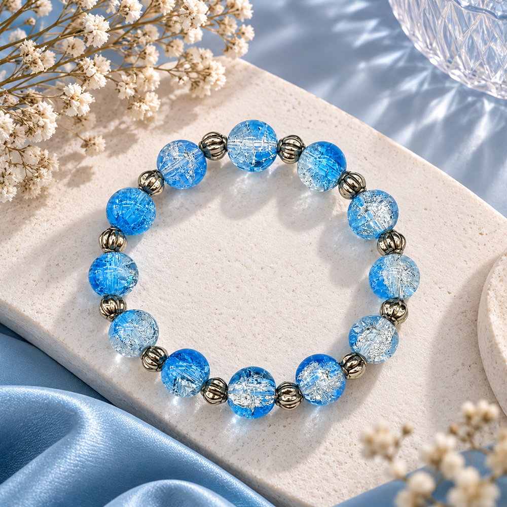 The99Jewel Glimmer Crackle Glass Beads Bracelet with Silver Spacer Beads for Women 