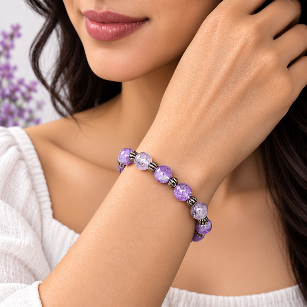 The99Jewel Glimmer Crackle Glass Beads Bracelet with Silver Spacer Beads for Women