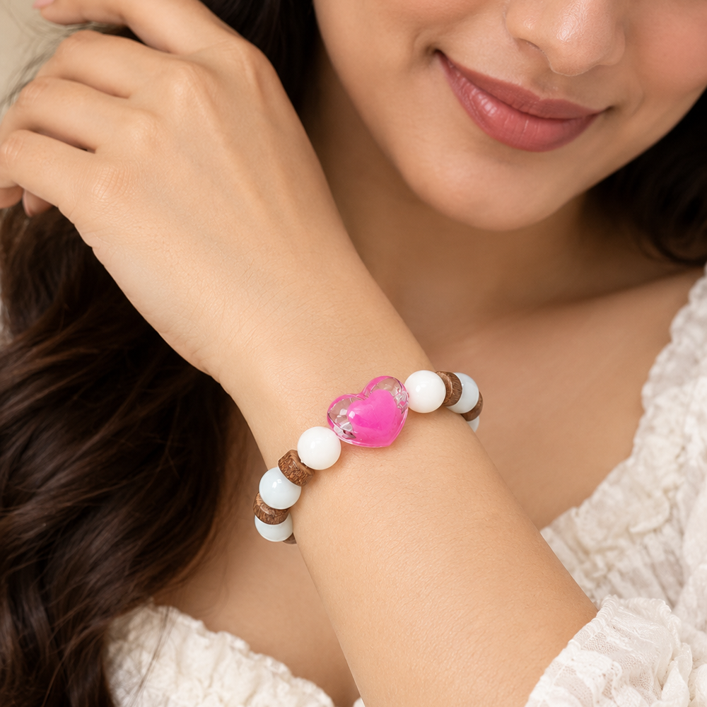 The99Jewel White Beaded Bracelet with Heart Charm & Wooden Bead Accents