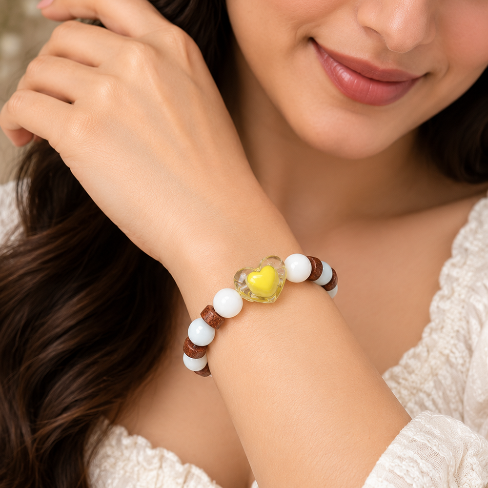 The99Jewel White Beaded Bracelet with Heart Charm & Wooden Bead Accents
