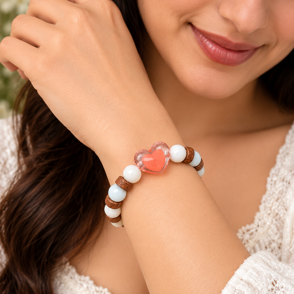 The99Jewel White Beaded Bracelet with Heart Charm & Wooden Bead Accents