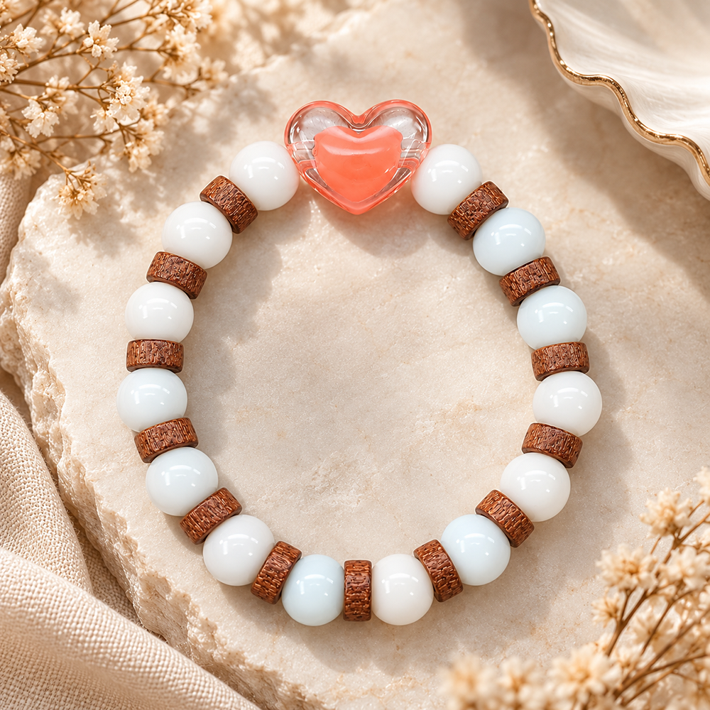 The99Jewel White Beaded Bracelet with Heart Charm & Wooden Bead Accents