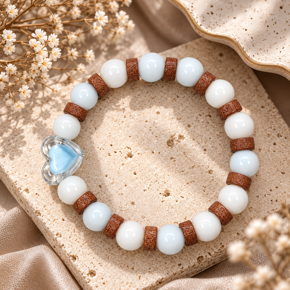 The99Jewel White Beaded Bracelet with Heart Charm & Wooden Bead Accents