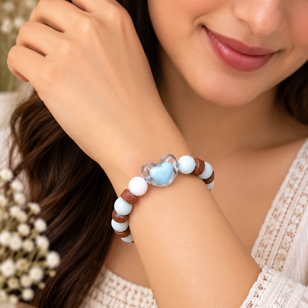 The99Jewel White Beaded Bracelet with Heart Charm & Wooden Bead Accents