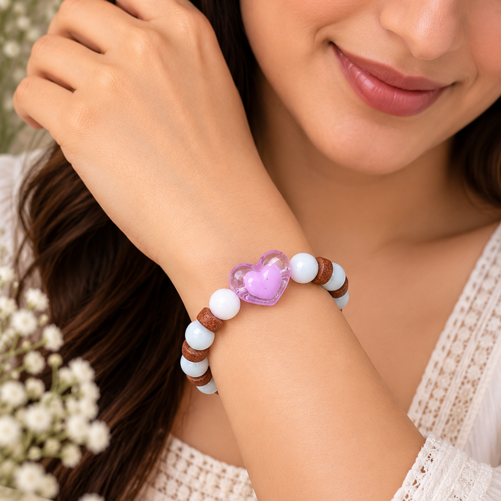 The99Jewel White Beaded Bracelet with Heart Charm & Wooden Bead Accents