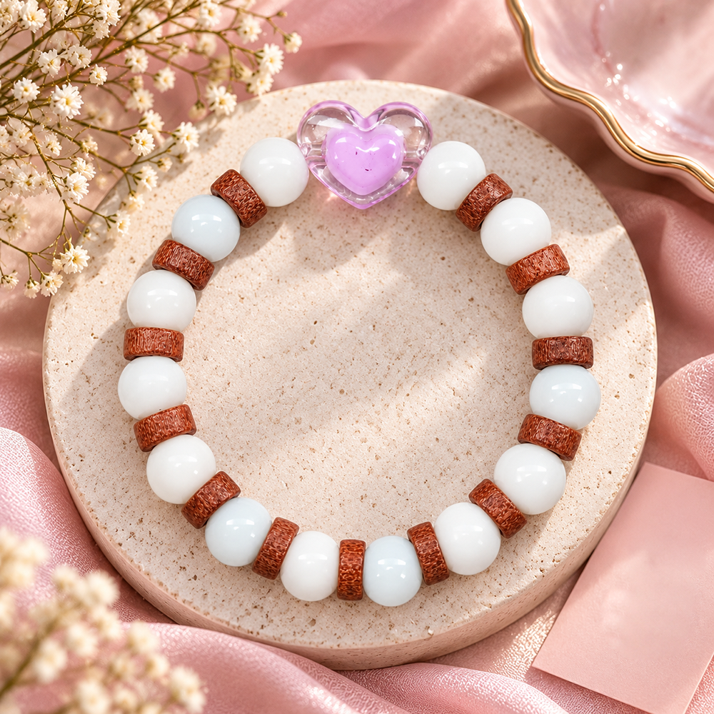 The99Jewel White Beaded Bracelet with Heart Charm & Wooden Bead Accents