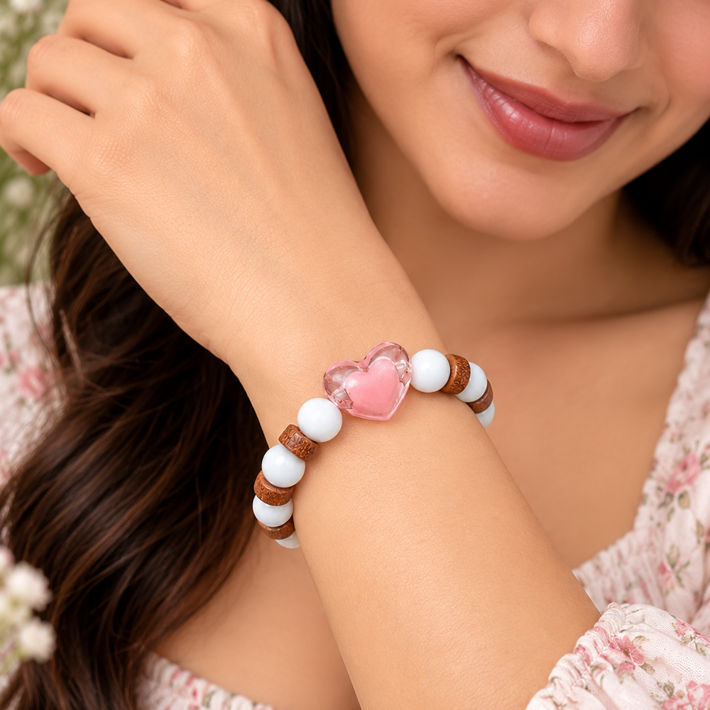 The99Jewel White Beaded Bracelet with Heart Charm & Wooden Bead Accents