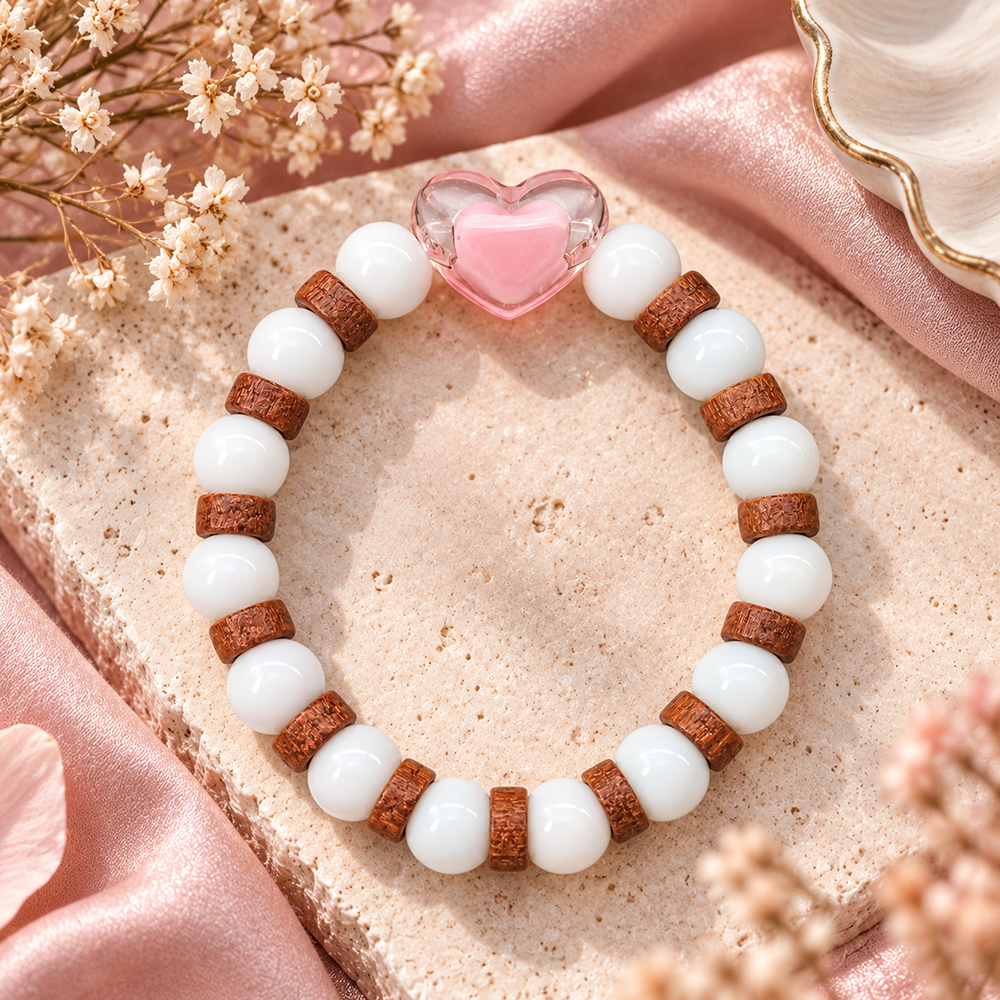 The99Jewel White Beaded Bracelet with Heart Charm & Wooden Bead Accents