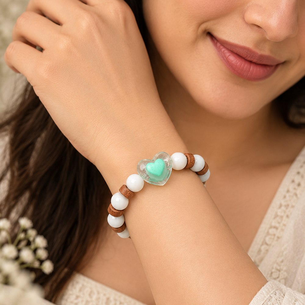 The99Jewel White Beaded Bracelet with Heart Charm & Wooden Bead Accents