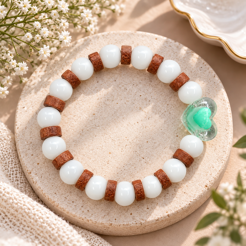 The99Jewel White Beaded Bracelet with Heart Charm & Wooden Bead Accents