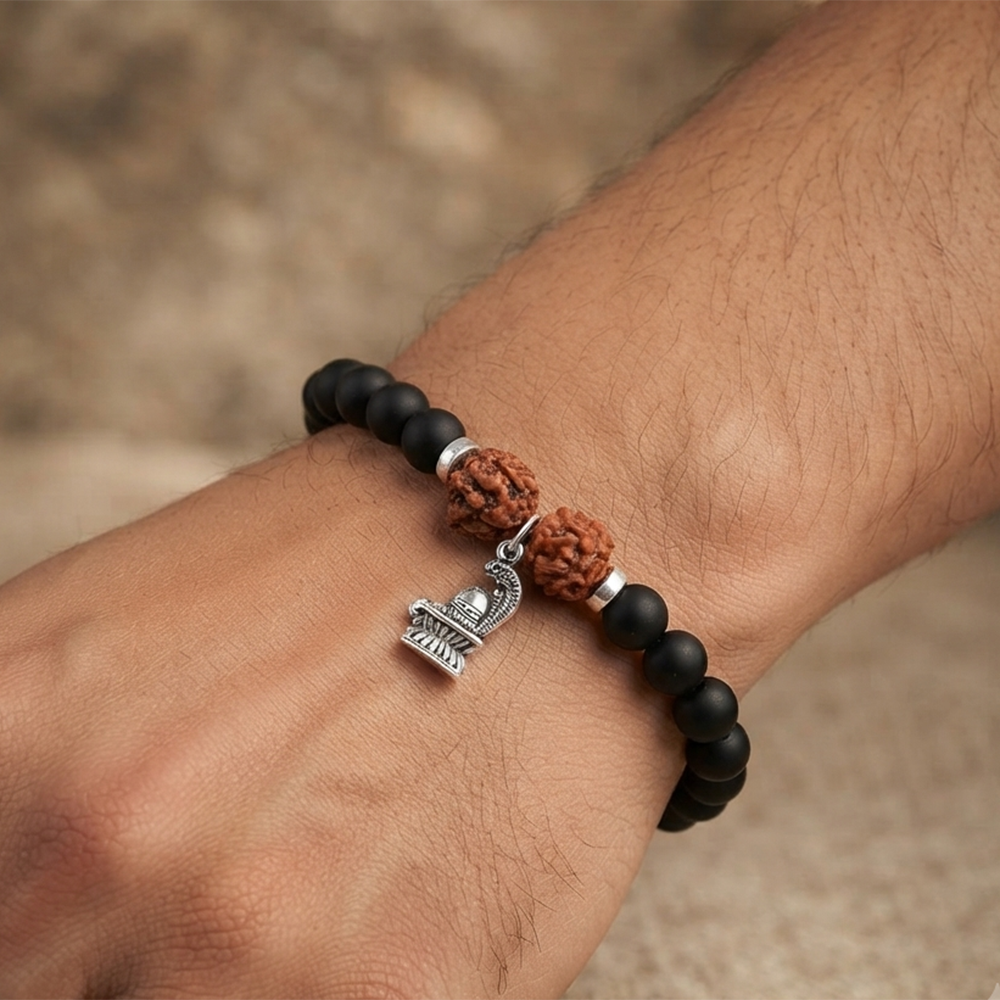 The99Jewel Rudraksha & Matte Beads Bracelet with Shivling Charm for Mens